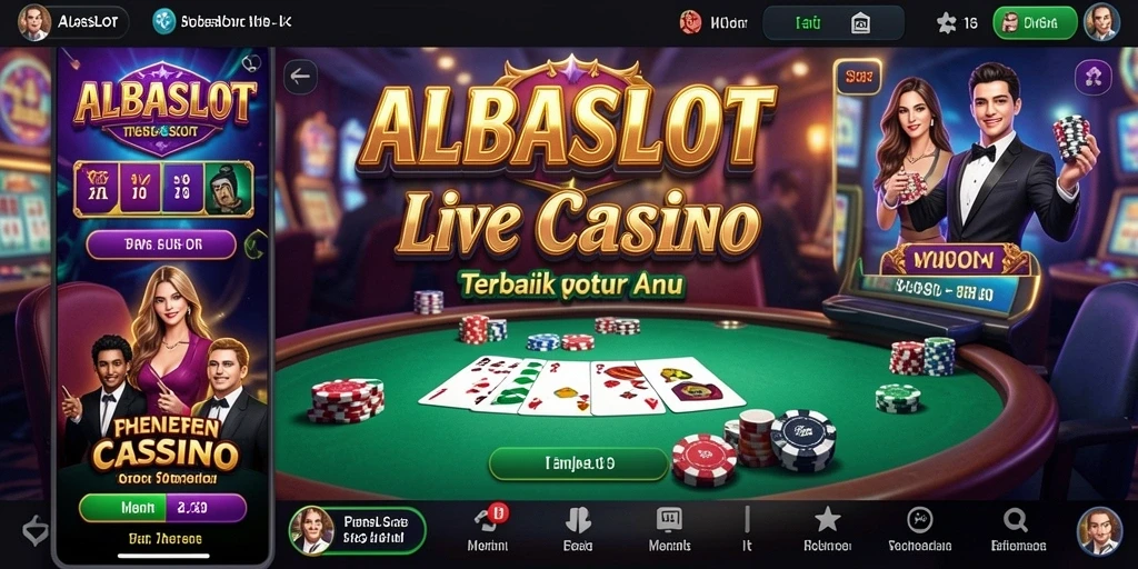 Screenshot gameplay ALBASLOT dengan dealer dan permainan Live Casino.