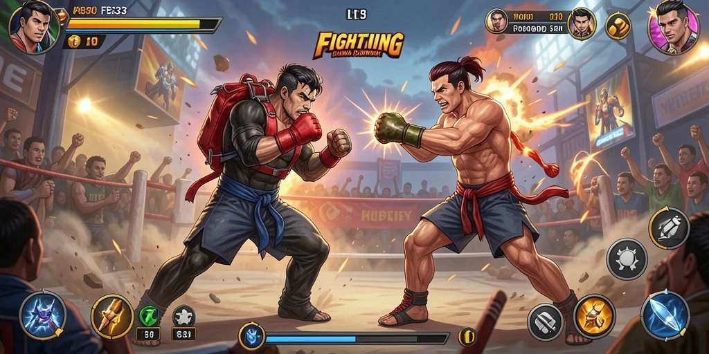 Screenshot FB333 menampilkan pertarungan intens karakter dalam arena Fighting.