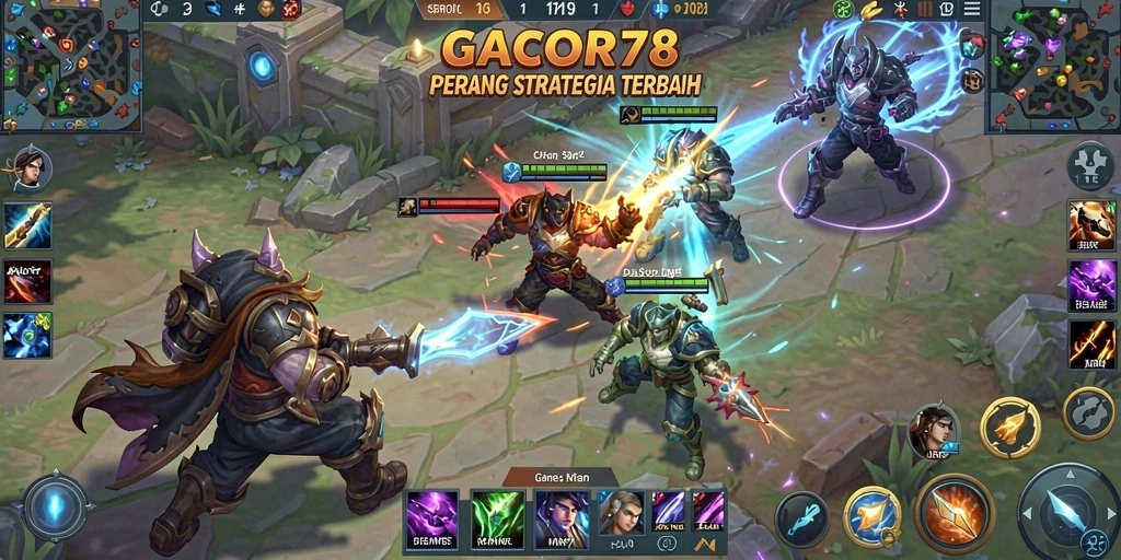 Screenshot GACOR78 menampilkan aksi pertempuran MOBA yang mendebarkan.