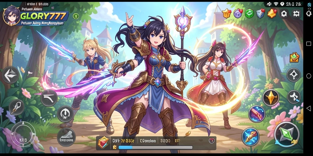 Screenshot utama GLORY777 menampilkan aksi karakter Anime yang berani.