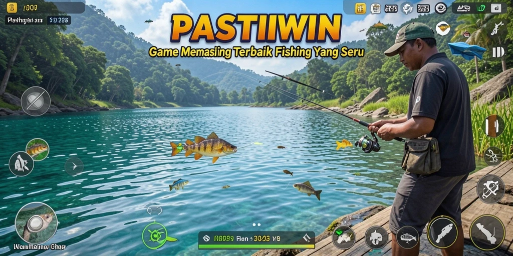 Screenshot gameplay PASTIWIN yang menunjukkan pemandangan memancing yang indah.