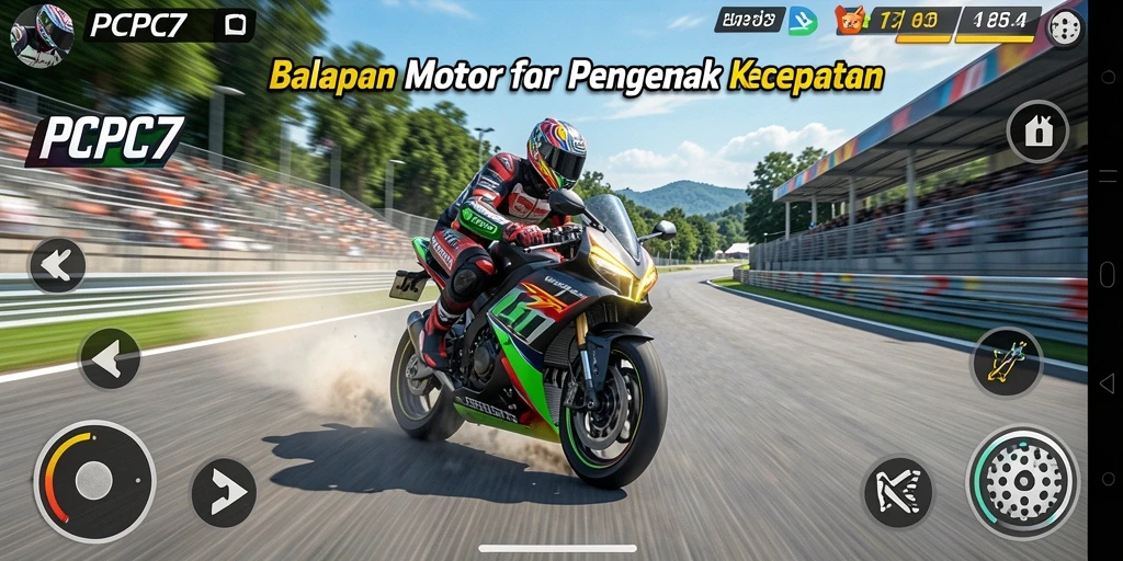 Screenshot gameplay PCPC7 menampilkan aksi balapan motor yang mendebarkan.
