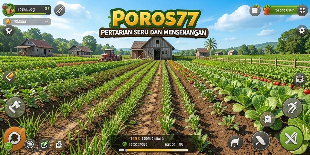 Tangkapan layar gameplay POROS77 dengan suasana pertanian yang indah.